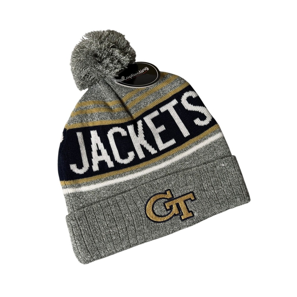 Captivating Georgia Tech Yellow Jackets Beanie Gray Navy Gold Pom‎ Knit Hat NWT